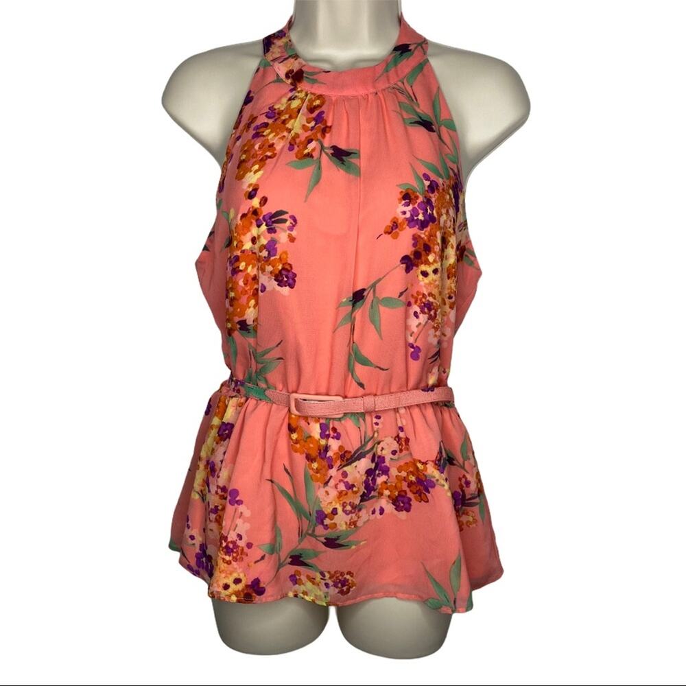 Eva Mendes Coral Halter Belted Racerback Blouse Small